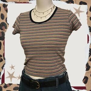 Y2K Striped Ribbed Tee Crop Top Black Trim Vintage Inspired
